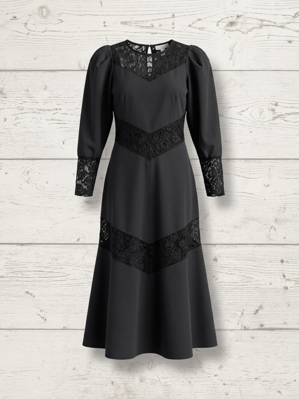 H&M Conscious Black Lace Trim Puff Sleeve Gothic Victorian Midi Dress Medium